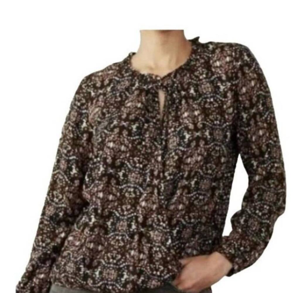 Knox Rose Long Sleeve Keyhole Tie Neck Peasant Top Blouse Abstract Print Boho M